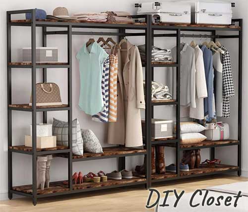 Easy DIY Closet Ideas with Black Frame, Wood Shelves - Assemble Yourself