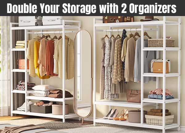 Double Your Closet Storage with 2 Freestanding Clothes Organizers with Shelves, Shoe Racks and Hanging Rods