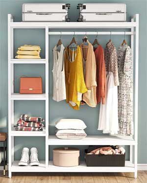 Freestanding Clothes Organizer with Shelves, Hanging Rod and Shoe Rack