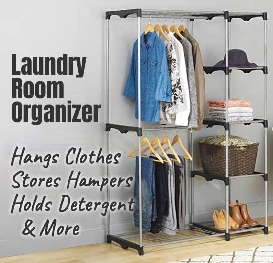 Laundry Room Organizer to Hang Clothes, Store Hampers, Hold Detergent, Soap, Towels...