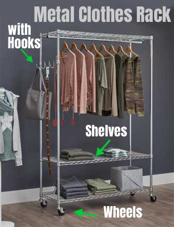 Metal Rack for Clothes - with Gooks, Shelves and Locking Wheels