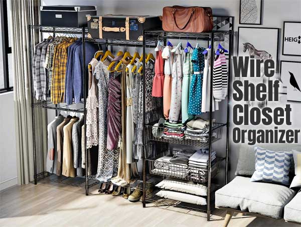 Freestanding Wire Shelf Closet Organizer with Hanging Rods, Shelves and Drawers